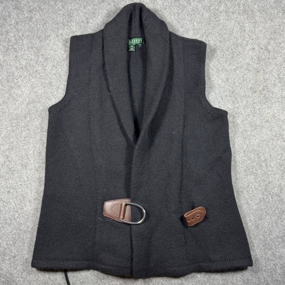 Lauren Ralph Lauren Vest Women M Black Wool Cashmere Wrap Shawlโ Collar Buckle